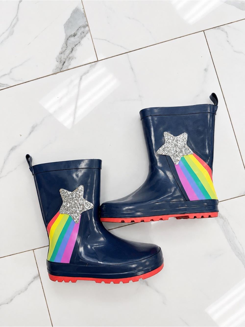 wonder nation Navy Glitter Star Rainbow Kids Rain Boots with Red Sole